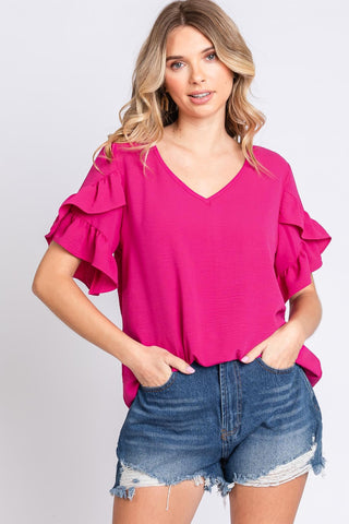 Shop MAGENTA GeeGee V-Neck Ruffle Trim Short Sleeve Blouse - High-Quality U.S. Made Women’s Fashion with Free & Fast Shipping