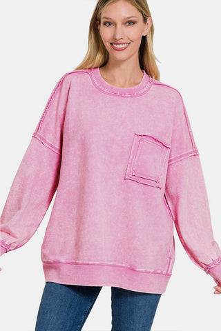 Shop MAUVE Zenana Exposed Seam Round Neck Dropped Shoulder Sweatshirt - High-Quality U.S. Made Women’s Fashion with Free & Fast Shipping