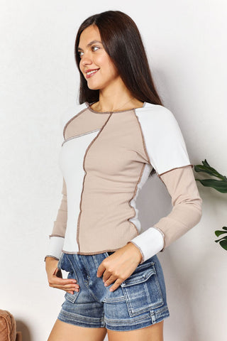 Shop Double Take Color Block Exposed Seam Top - High-Quality U.S. Made Women’s Fashion with Free & Fast Shipping