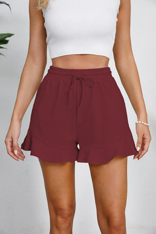 Shop Wine Full Size Drawstring Ruffle Hem Shorts - High-Quality U.S. Made Women’s Fashion with Free & Fast Shipping