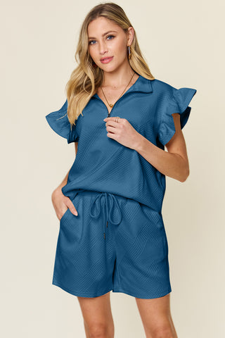 Shop French Blue Double Take Full Size Texture Flounce Sleeve Top and Drawstring Shorts Set - High-Quality U.S. Made Women’s Fashion with Free & Fast Shipping