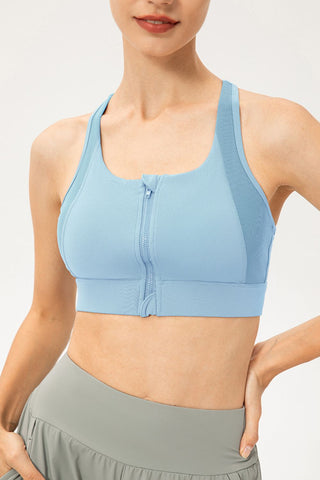 Shop Light Blue Zip-Up Round Neck Sports Bra - High-Quality U.S. Made Women’s Fashion with Free & Fast Shipping