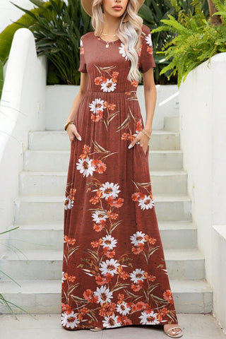 Shop Printed Round Neck Short Sleeve Maxi Dress - High-Quality U.S. Made Women’s Fashion with Free Fast Shipping