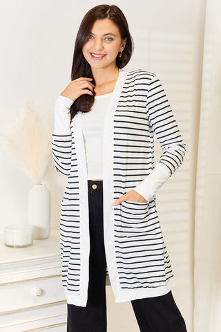 Shop White Double Take Striped Open Front Longline Cardigan - High-Quality U.S. Made Women’s Fashion with Free & Fast Shipping