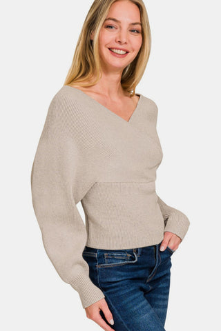 Shop Zenana Cross Wrap Rib Long Sleeve Sweater - High-Quality U.S. Made Women’s Fashion with Free & Fast Shipping