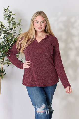 Shop Heimish Full Size Notched Long Sleeve Top - High-Quality U.S. Made Women’s Fashion with Free & Fast Shipping