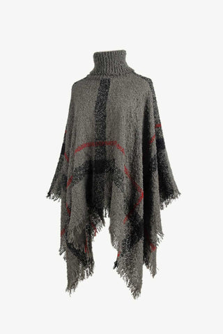 Shop Plaid Turtleneck Raw Hem Poncho - High-Quality U.S. Made Women’s Fashion with Free Fast Shipping