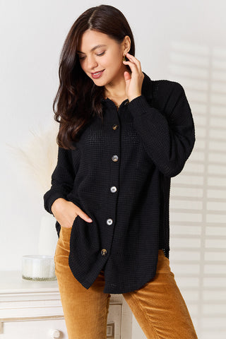 Shop Black Double Take Waffle-Knit Collared Neck Dropped Shoulder Shirt - High-Quality U.S. Made Women’s Fashion with Free & Fast Shipping