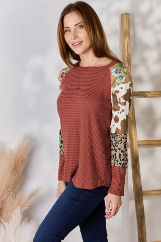 Shop Hailey & Co Full Size Leopard Waffle-Knit Blouse - High-Quality U.S. Made Women’s Fashion with Free & Fast Shipping