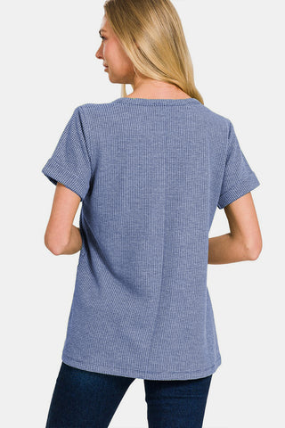 Shop Zenana Notched Short Sleeve Waffle T-Shirt - High-Quality U.S. Made Women’s Fashion with Free & Fast Shipping