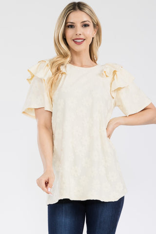 Shop Cream Celeste Full Size Ruffle Layered Short Sleeve Daisy Floral Top - High-Quality U.S. Made Women’s Fashion with Free & Fast Shipping