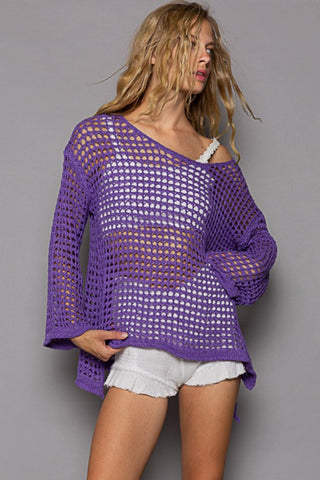 Shop ULTRA PURPLE POL Openwork Flare Sleeve Knit Cover Up - High-Quality U.S. Made Women’s Fashion with Free & Fast Shipping