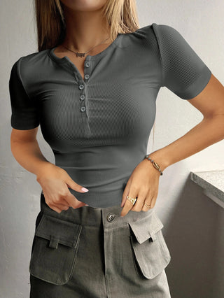 Shop Dark Gray Round Neck Quarter Button Short Sleeve Top - High-Quality U.S. Made Women’s Fashion with Free & Fast Shipping