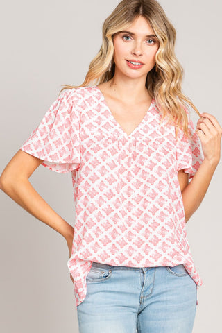 Shop Coral Cotton Bleu by Nu Lab Slit Printed V-Neck Flutter Sleeve Blouse - High-Quality U.S. Made Women’s Fashion with Free & Fast Shipping