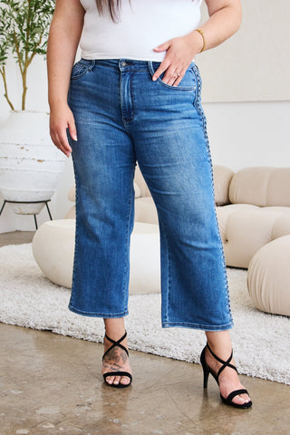 Shop Judy Blue Full Size Braid Side Detail Wide Leg Jeans - High-Quality U.S. Made Women’s Fashion with Free & Fast Shipping