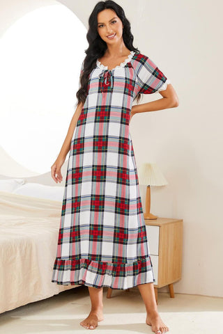 Shop Plaid Lace Trim Ruffle Hem Night Dress - High-Quality U.S. Made Women’s Fashion with Free Fast Shipping