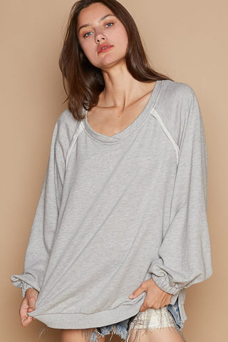 Shop Heather Grey POL Back Cross Strap Detail Balloon Sleeve Sweatshirt - High-Quality U.S. Made Women’s Fashion with Free & Fast Shipping