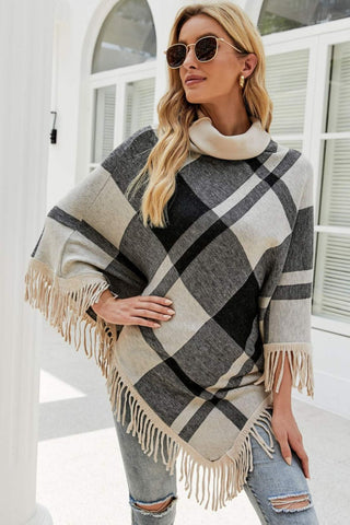 Shop Plaid Turtleneck Fringe Hem Poncho - High-Quality U.S. Made Women’s Fashion with Free Fast Shipping