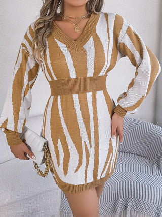 Shop Animal Print V-Neck Long Sleeve Sweater Dress - High-Quality U.S. Made Women’s Fashion with Free Fast Shipping