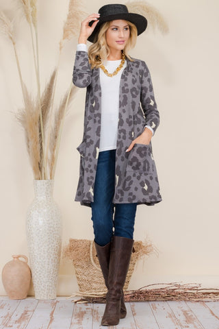 Shop Grey Leopard Celeste Full Size Leopard Open Front Contrast Cardigan - High-Quality U.S. Made Women’s Fashion with Free & Fast Shipping