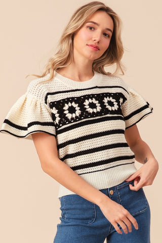 Shop Ivory Black BiBi Granny Square Short Sleeve Striped Sweater - High-Quality U.S. Made Women’s Fashion with Free & Fast Shipping