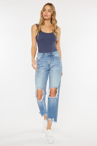 Shop Kancan High Waist Chewed Up Straight Mom Jeans - High-Quality U.S. Made Women’s Fashion with Free & Fast Shipping