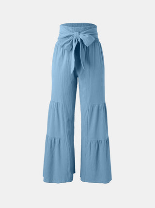 Shop Sky Blue Tied Ruched Wide Leg Pants - High-Quality U.S. Made Women’s Fashion with Free & Fast Shipping