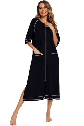 Shop Zip Up Slit Round Neck Night Dress with Pockets - High-Quality U.S. Made Women’s Fashion with Free & Fast Shipping