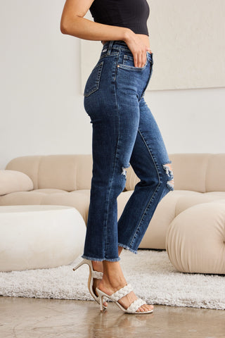 Shop RFM Crop Dylan Full Size Tummy Control Distressed High Waist Raw Hem Jeans - High-Quality U.S. Made Women’s Fashion with Free Fast Shipping