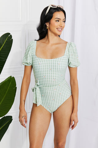 Shop Marina West Swim Salty Air Puff Sleeve One-Piece in Sage - High-Quality U.S. Made Women’s Fashion with Free Fast Shipping