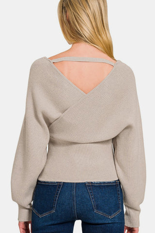 Shop Zenana Cross Wrap Rib Long Sleeve Sweater - High-Quality U.S. Made Women’s Fashion with Free & Fast Shipping