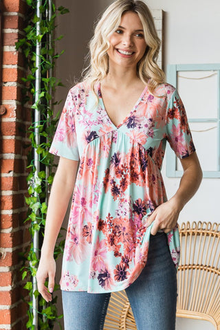 Shop Heimish Full Size Floral V-Neck Short Sleeve Babydoll Blouse - High-Quality U.S. Made Women’s Fashion with Free & Fast Shipping