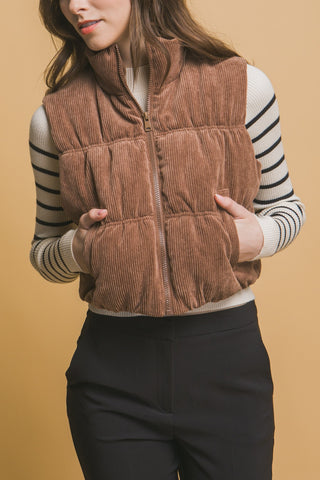 Shop Love Tree Corduroy Zip Up Puffer Vest with Pockets - High-Quality U.S. Made Women’s Fashion with Free Fast Shipping