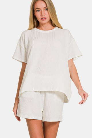 Shop Off White Zenana Rib Short Sleeve T-Shirt and Shorts Set - High-Quality U.S. Made Women’s Fashion with Free & Fast Shipping