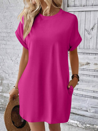 Shop Hot Pink Round Neck Short Sleeve Mini Dress - High-Quality U.S. Made Women’s Fashion with Free & Fast Shipping