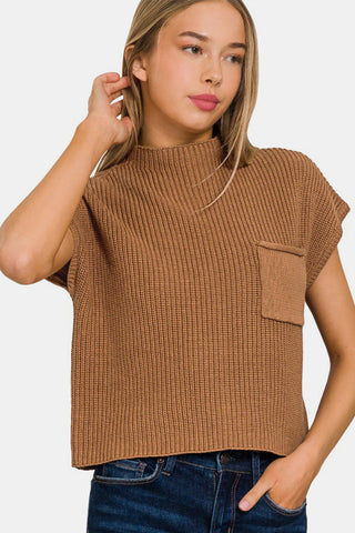 Shop DEEP CAMEL Zenana Mock Neck Short Sleeve Cropped Sweater - High-Quality U.S. Made Women’s Fashion with Free & Fast Shipping