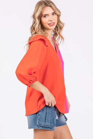 Shop GeeGee Full Size Ruffle Trim Contrast Blouse - High-Quality U.S. Made Women’s Fashion with Free & Fast Shipping