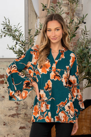 Shop H.Green Rust Sew In Love Full Size Wrinkle Free Floral Flounce Sleeve Top - High-Quality U.S. Made Women’s Fashion with Free & Fast Shipping