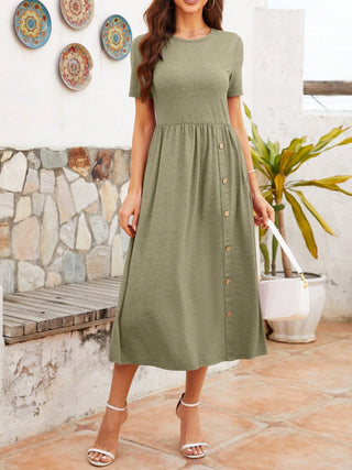 Shop Round Neck Short Sleeve Midi Dress - High-Quality U.S. Made Women’s Fashion with Free Fast Shipping