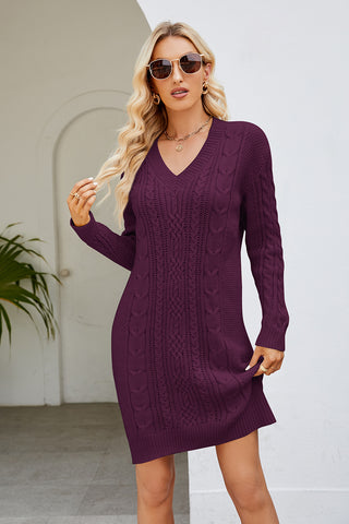 Shop Magenta Cable-Knit Long Sleeve Sweater Dress - High-Quality U.S. Made Women’s Fashion with Free & Fast Shipping