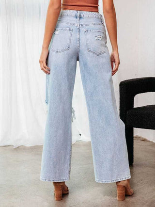 Shop Distressed Wide Leg Jeans with Pockets - High-Quality U.S. Made Women’s Fashion with Free & Fast Shipping