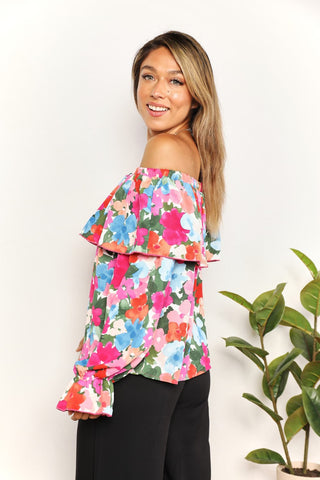 Shop Floral Off-Shoulder Flounce Sleeve Layered Blouse - High-Quality U.S. Made Women’s Fashion with Free & Fast Shipping