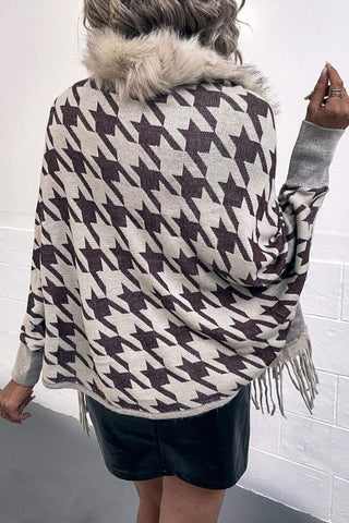 Shop Houndstooth Fringe Hem Poncho - High-Quality U.S. Made Women’s Fashion with Free Fast Shipping