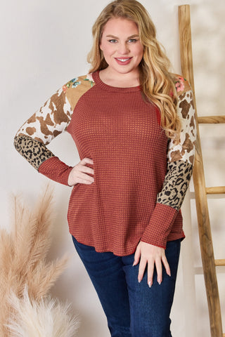 Shop RUST Hailey & Co Full Size Leopard Waffle-Knit Blouse - High-Quality U.S. Made Women’s Fashion with Free & Fast Shipping