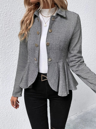 Shop Gray Ruffle Hem Collared Blazer - High-Quality U.S. Made Women’s Fashion with Free & Fast Shipping