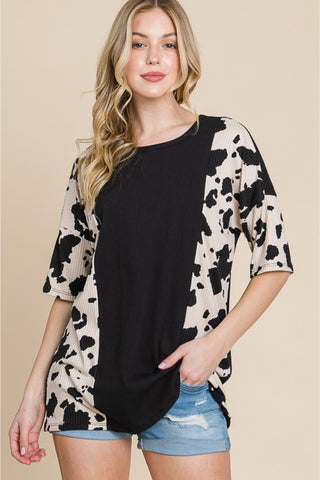 Shop Black BOMBOM Rodeo Love Ribbed Animal Contrast Tee - High-Quality U.S. Made Women’s Fashion with Free & Fast Shipping