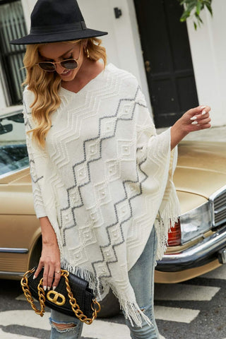 Shop Pearl Trim V-Neck Fringe Hem Poncho - High-Quality U.S. Made Women’s Fashion with Free Fast Shipping