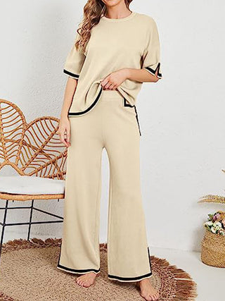 Shop Ivory Contrast High-Low Sweater and Knit Pants Set - High-Quality U.S. Made Women’s Fashion with Free & Fast Shipping