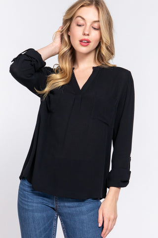 Shop Black ACTIVE BASIC Full Size Notched Long Sleeve Woven Top - High-Quality U.S. Made Women’s Fashion with Free & Fast Shipping