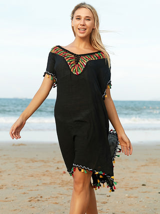 Shop Black One Size Tassel V-Neck Short Sleeve Cover Up - High-Quality U.S. Made Women’s Fashion with Free & Fast Shipping